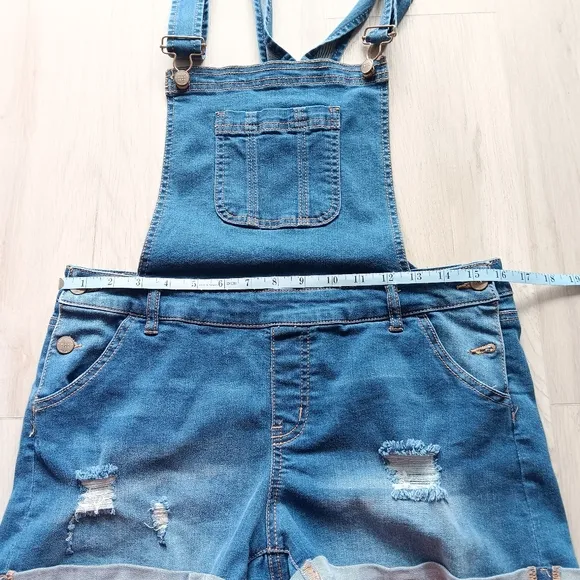 Wax Jean Basic Denim Short Overalls Distressed Sleeveless Pockets Blue Large