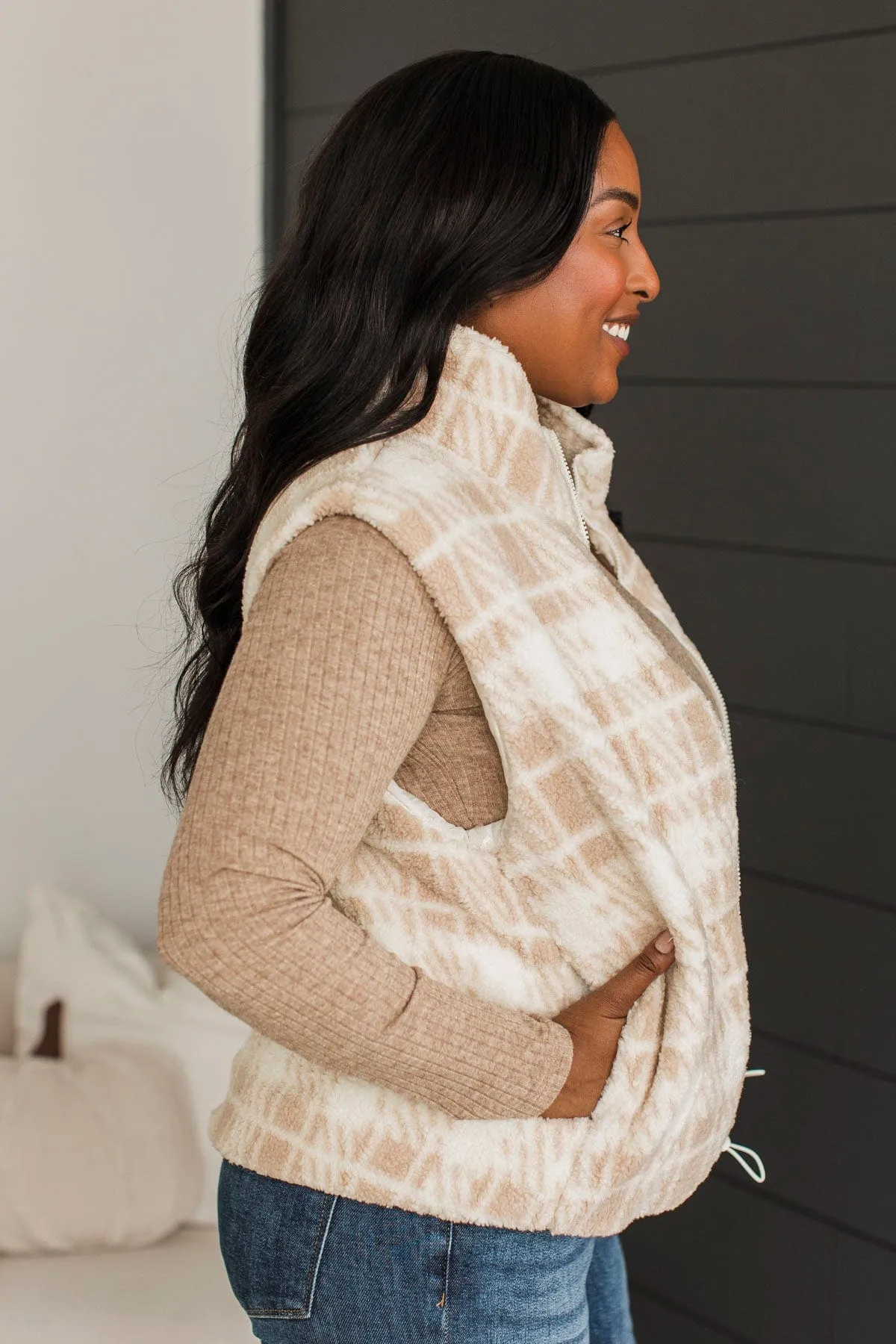 Well Played Plaid Puffer Vest- Beige