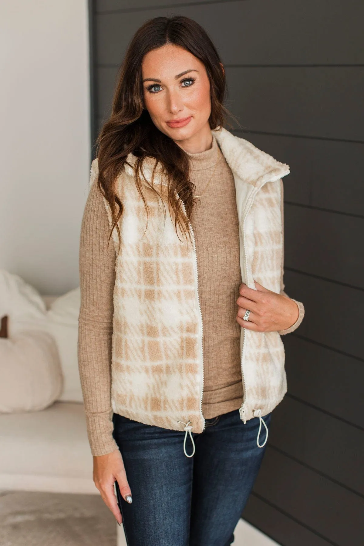 Well Played Plaid Puffer Vest- Beige