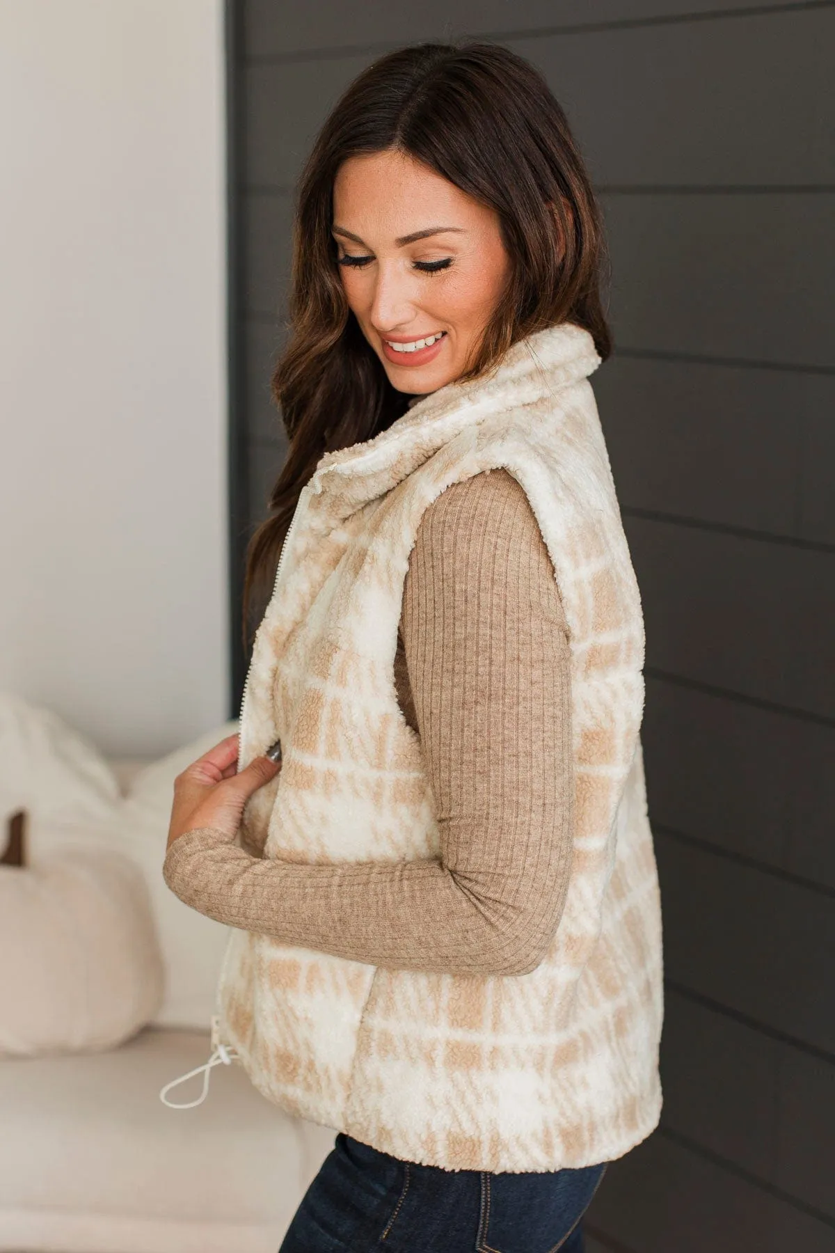 Well Played Plaid Puffer Vest- Beige