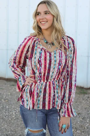 Western Aztec Split Neck Peplum Blouse