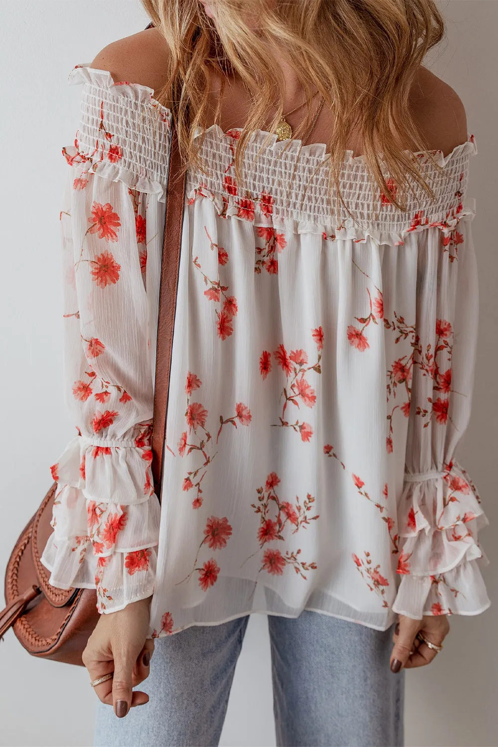 White Floral Print Shirred Off Shoulder Ruffled Sleeve Blouse