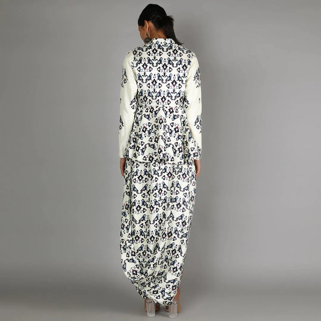 WHITE GEOMETRIC DAMASK PRINT PEPLUM PAIRED WITH PRINTED SKIRT