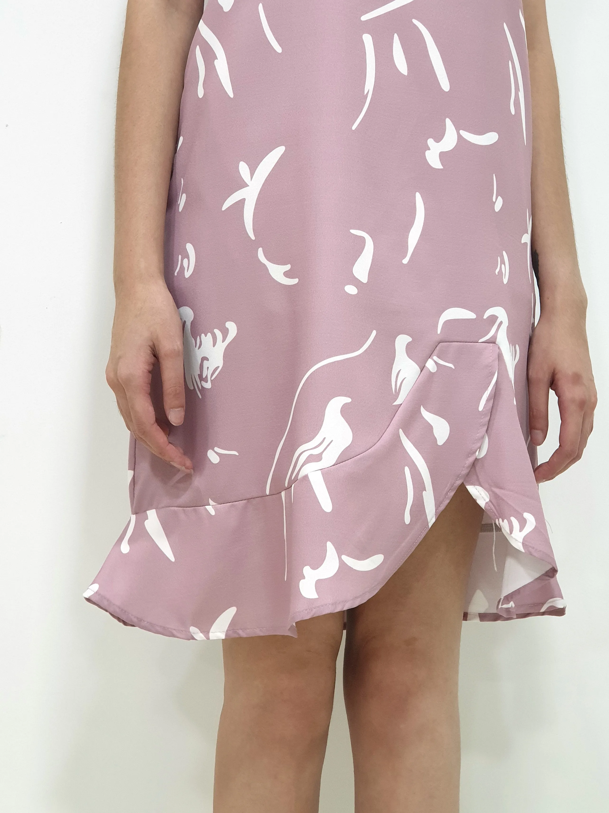 White Prints Peplum Dress - Pink