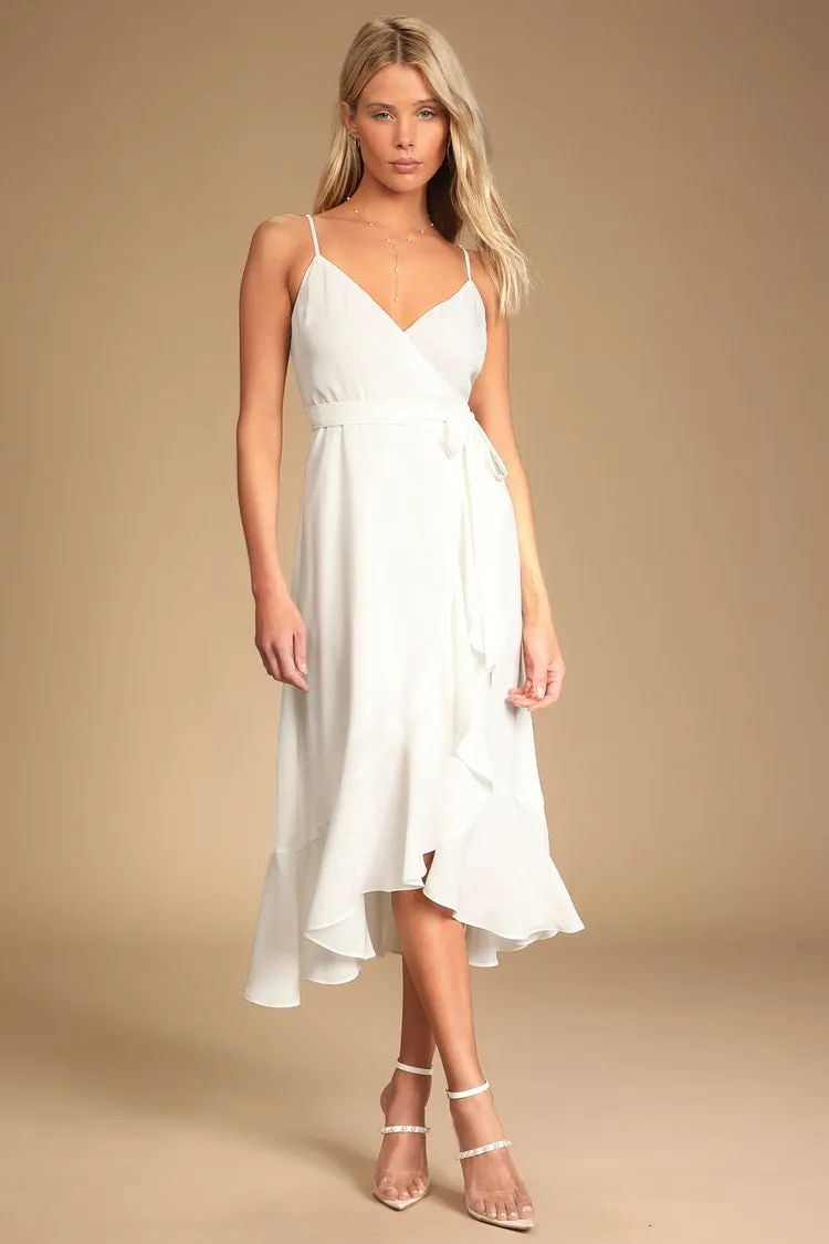 White Satin Ruffled Midi Dress