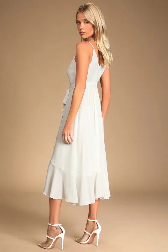White Satin Ruffled Midi Dress