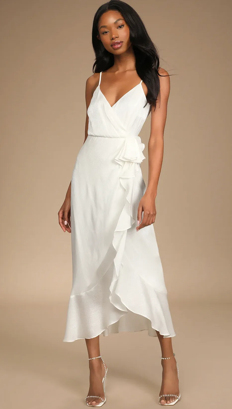White Satin Ruffled Midi Dress