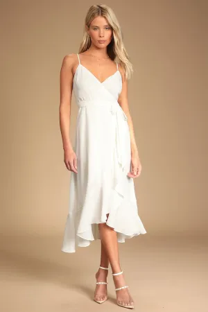 White Satin Ruffled Midi Dress