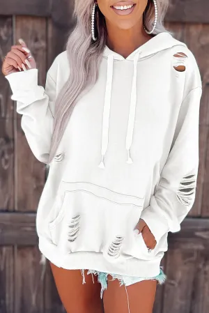 White Solid Ripped Hooded Sweatshirt with Kangaroo Pocket