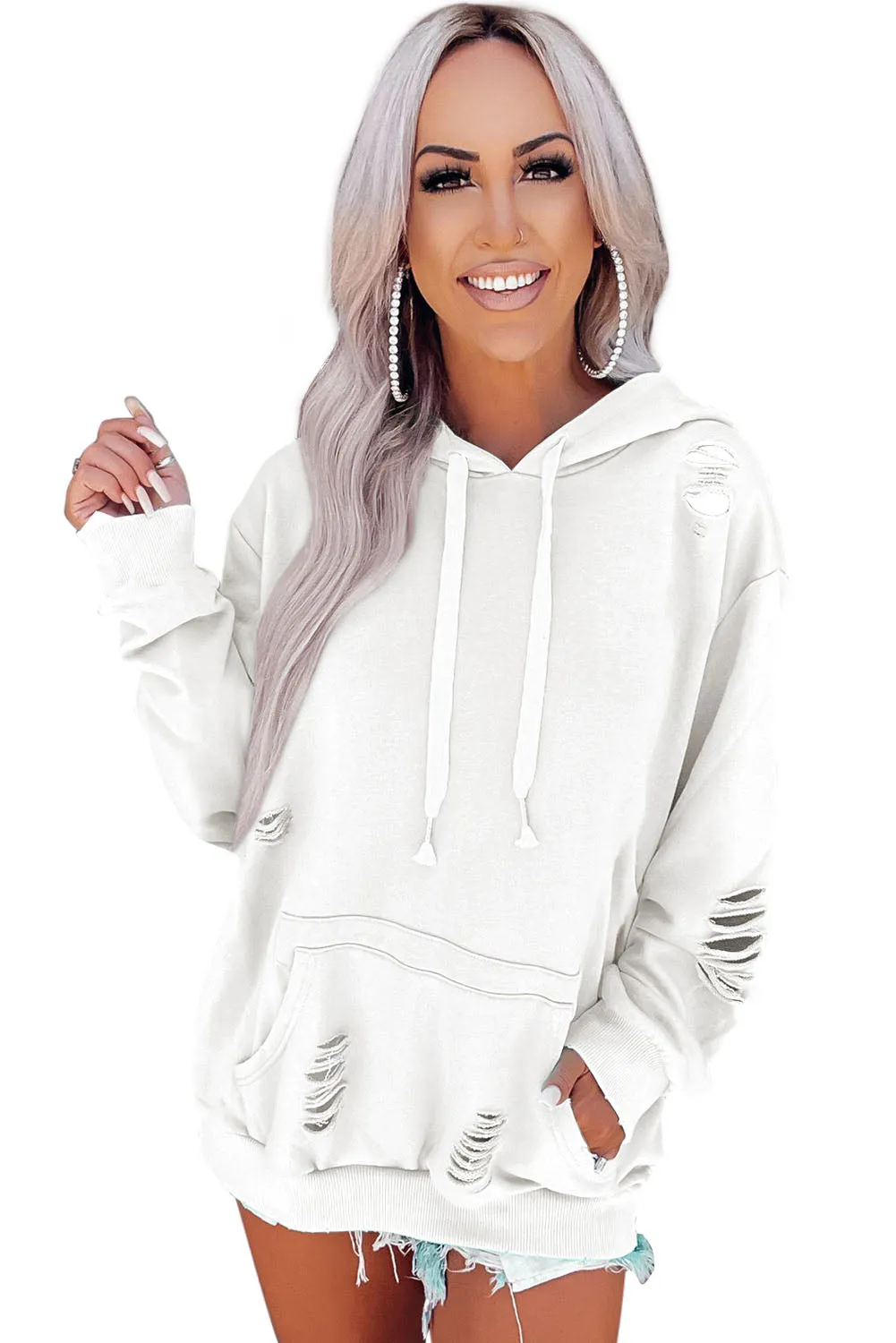 White Solid Ripped Hooded Sweatshirt with Kangaroo Pocket