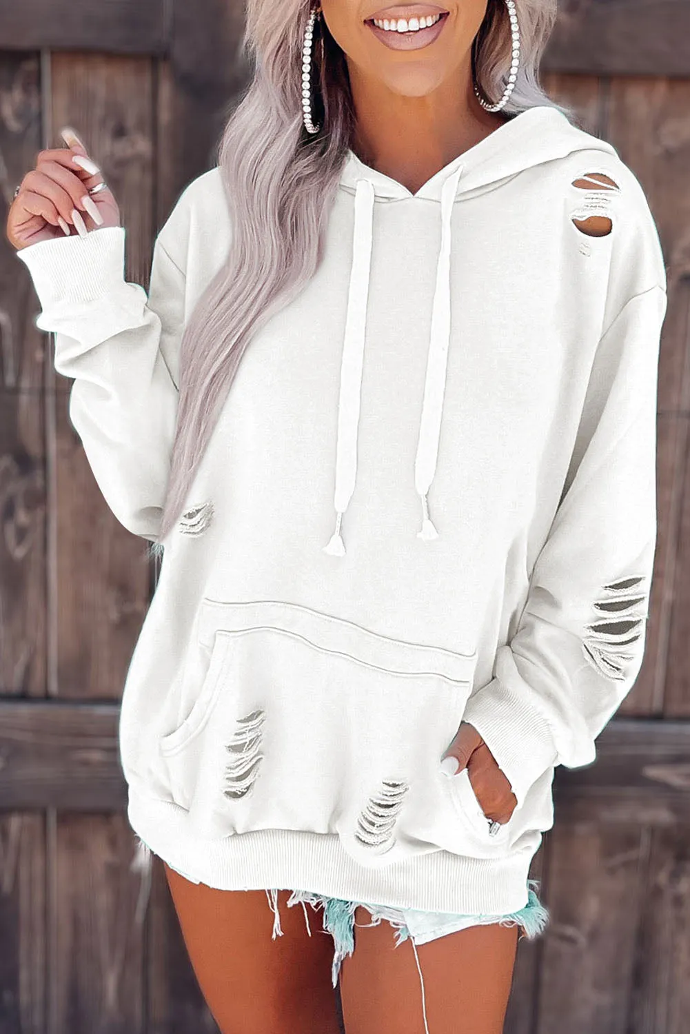 White Solid Ripped Hooded Sweatshirt with Kangaroo Pocket