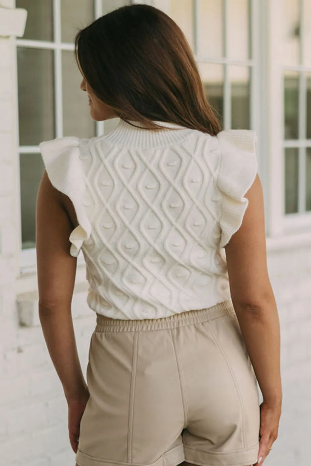 White Textured Ruffled Round Neck Knitted Vest