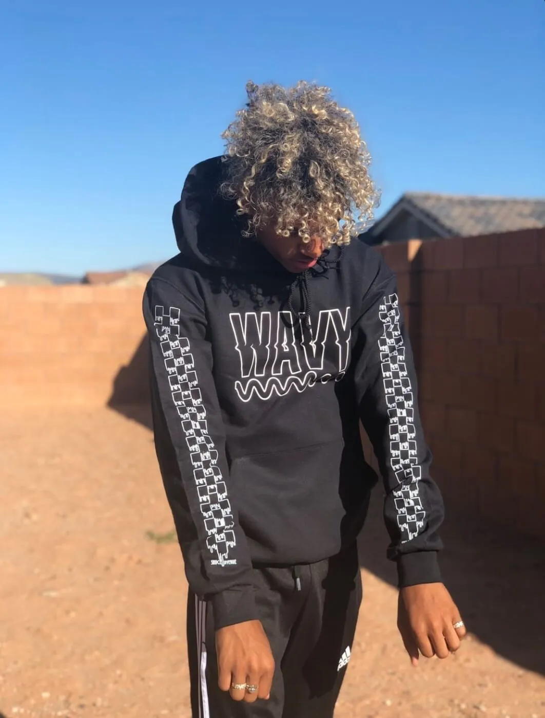 White Wavy Outline | Black Hoodie (Outline Checkered Drippin Sleeves)
