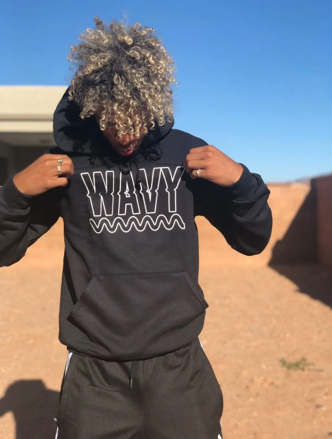 White Wavy Outline | Black Hoodie (Outline Checkered Drippin Sleeves)