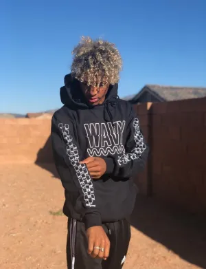 White Wavy Outline | Black Hoodie (Outline Checkered Drippin Sleeves)