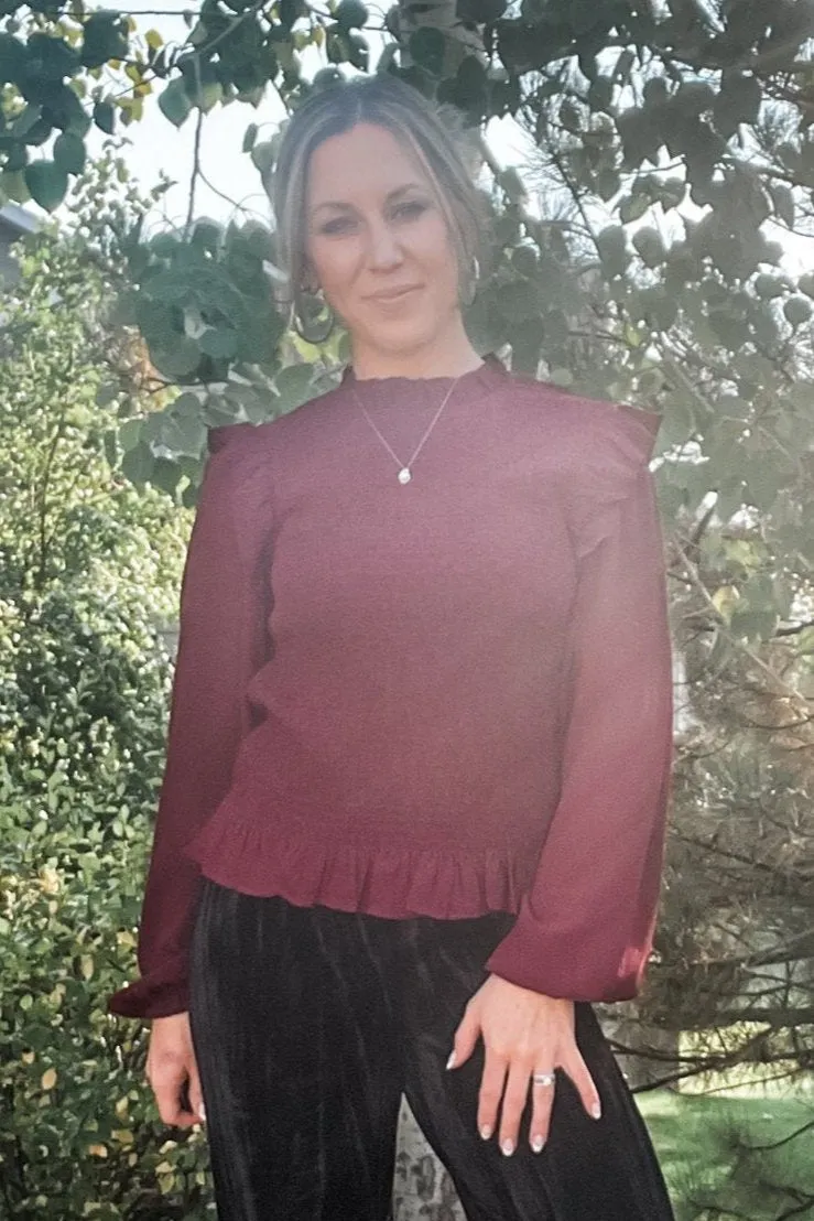 Wine Ruched Peplum Top with Ruffle Detail