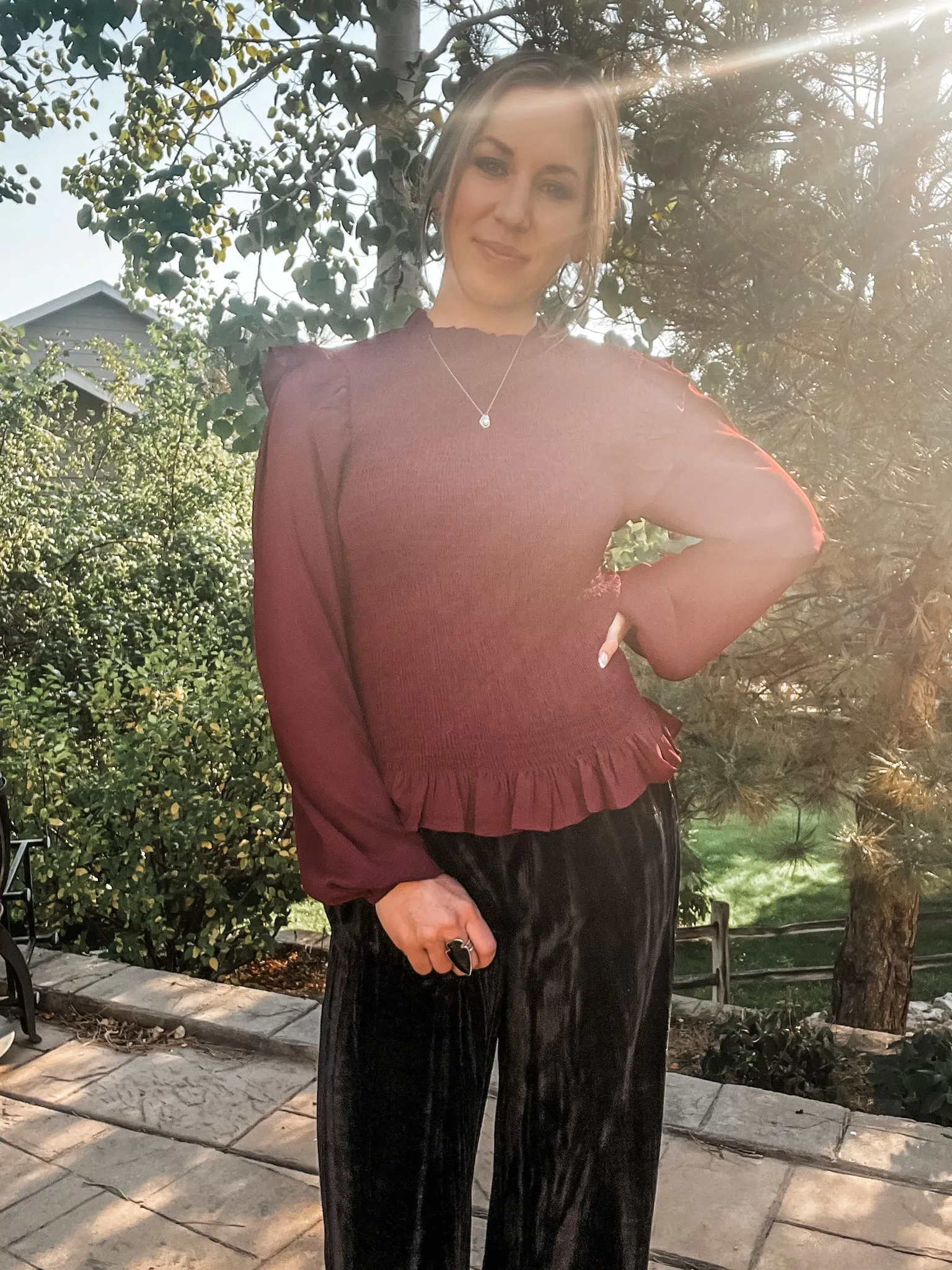 Wine Ruched Peplum Top with Ruffle Detail