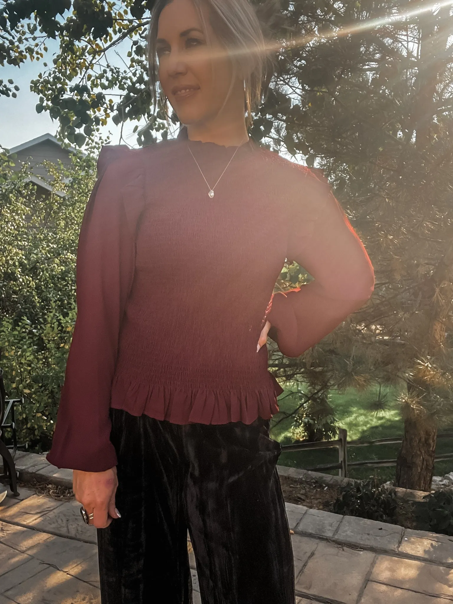 Wine Ruched Peplum Top with Ruffle Detail