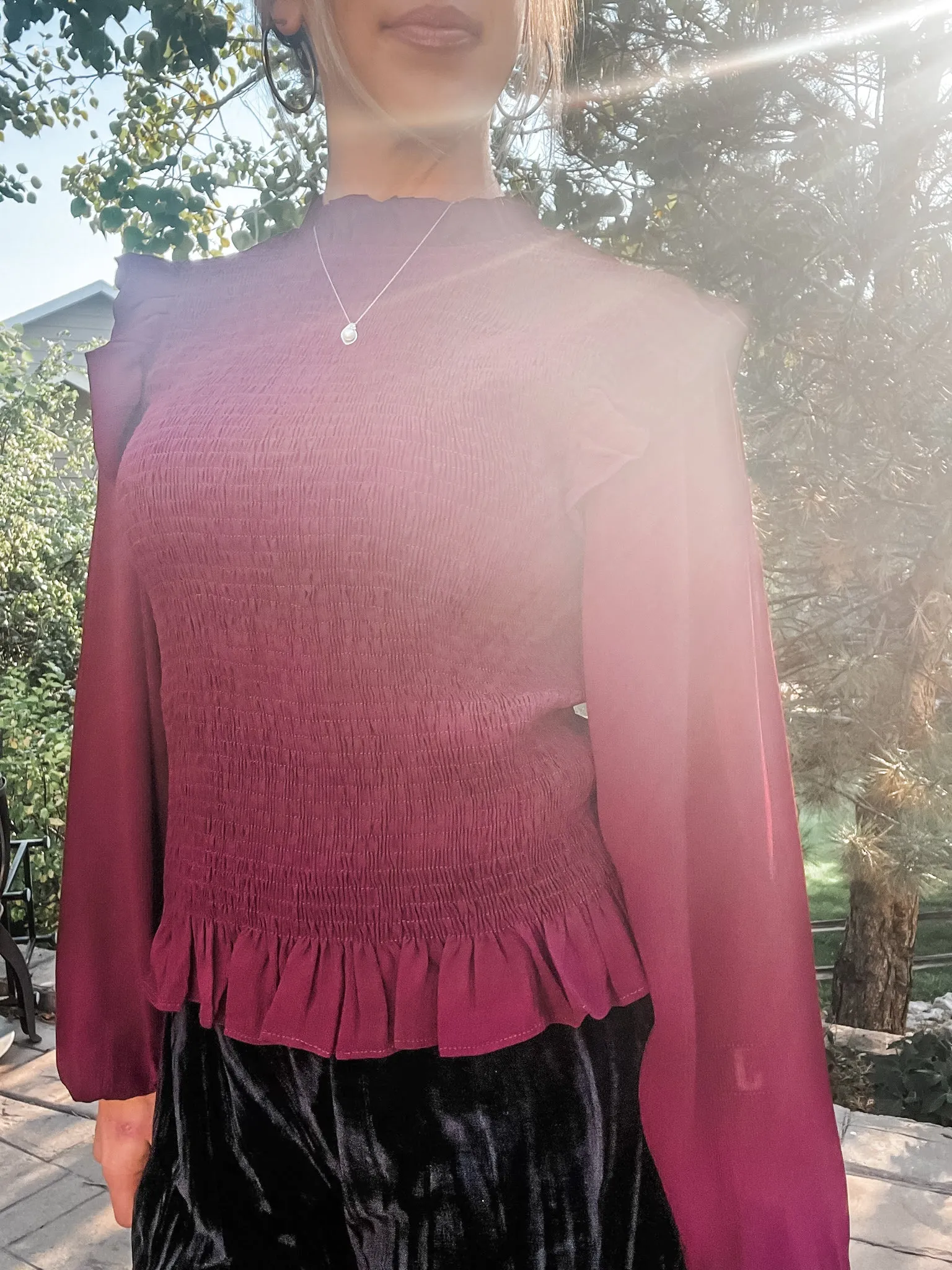 Wine Ruched Peplum Top with Ruffle Detail