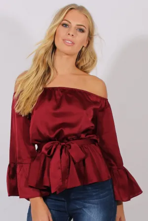 Wine Silk Bardot Bell Sleeves Top - Fawn