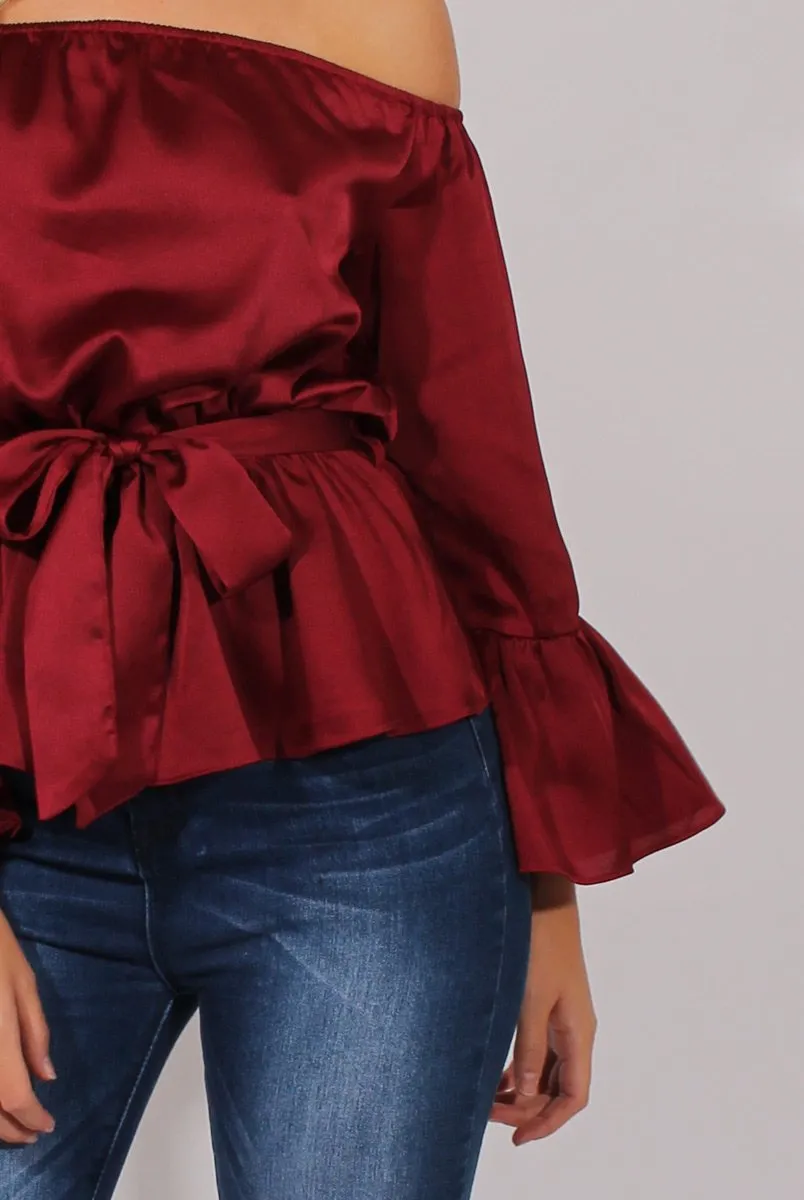 Wine Silk Bardot Bell Sleeves Top - Fawn