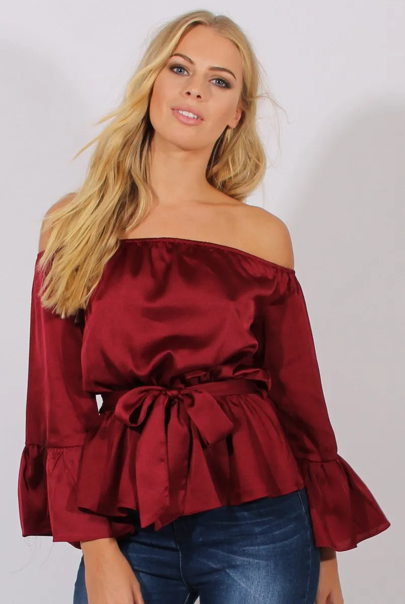Wine Silk Bardot Bell Sleeves Top - Fawn