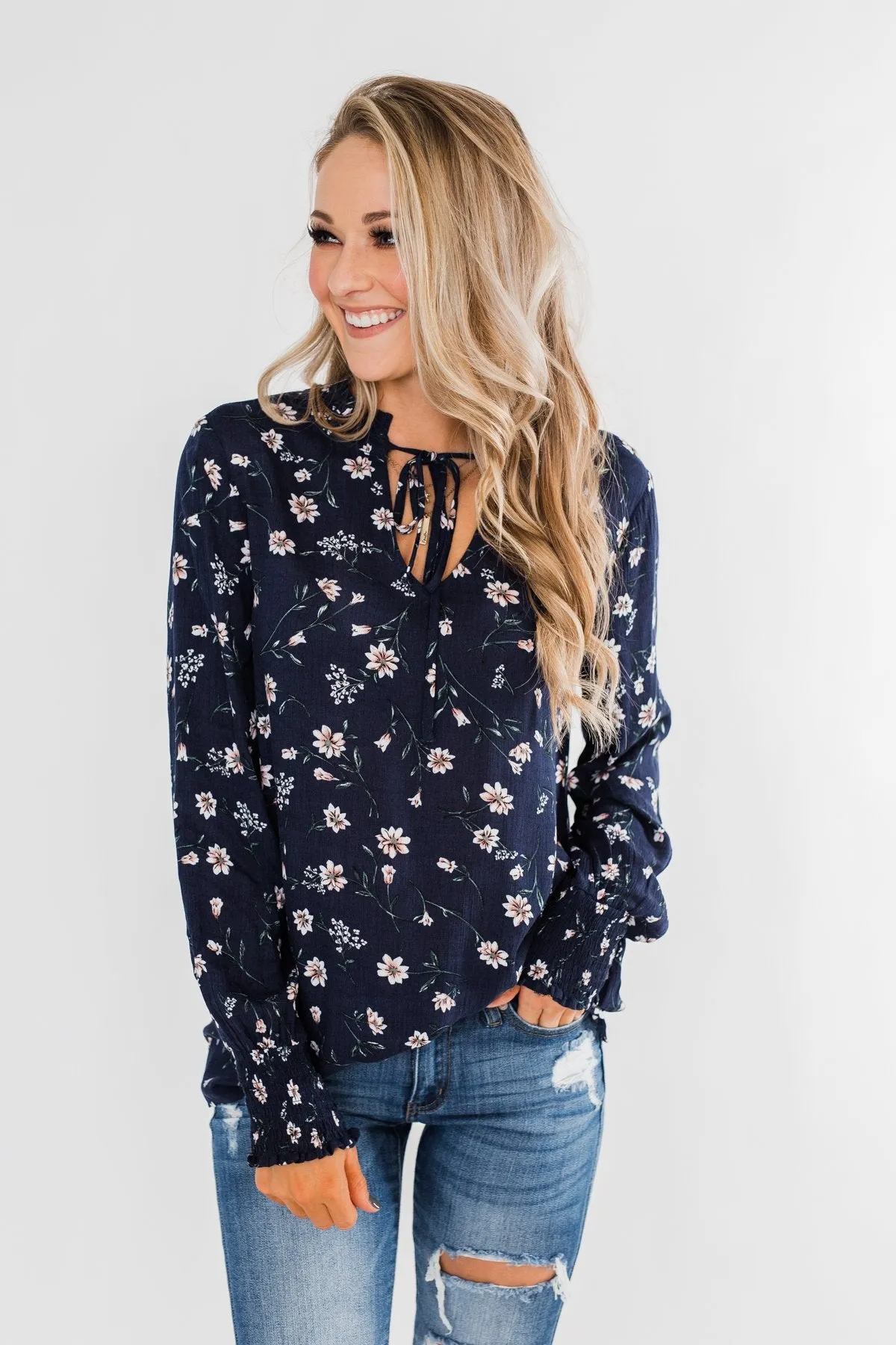 With All The Love For Me Floral Blouse- Navy