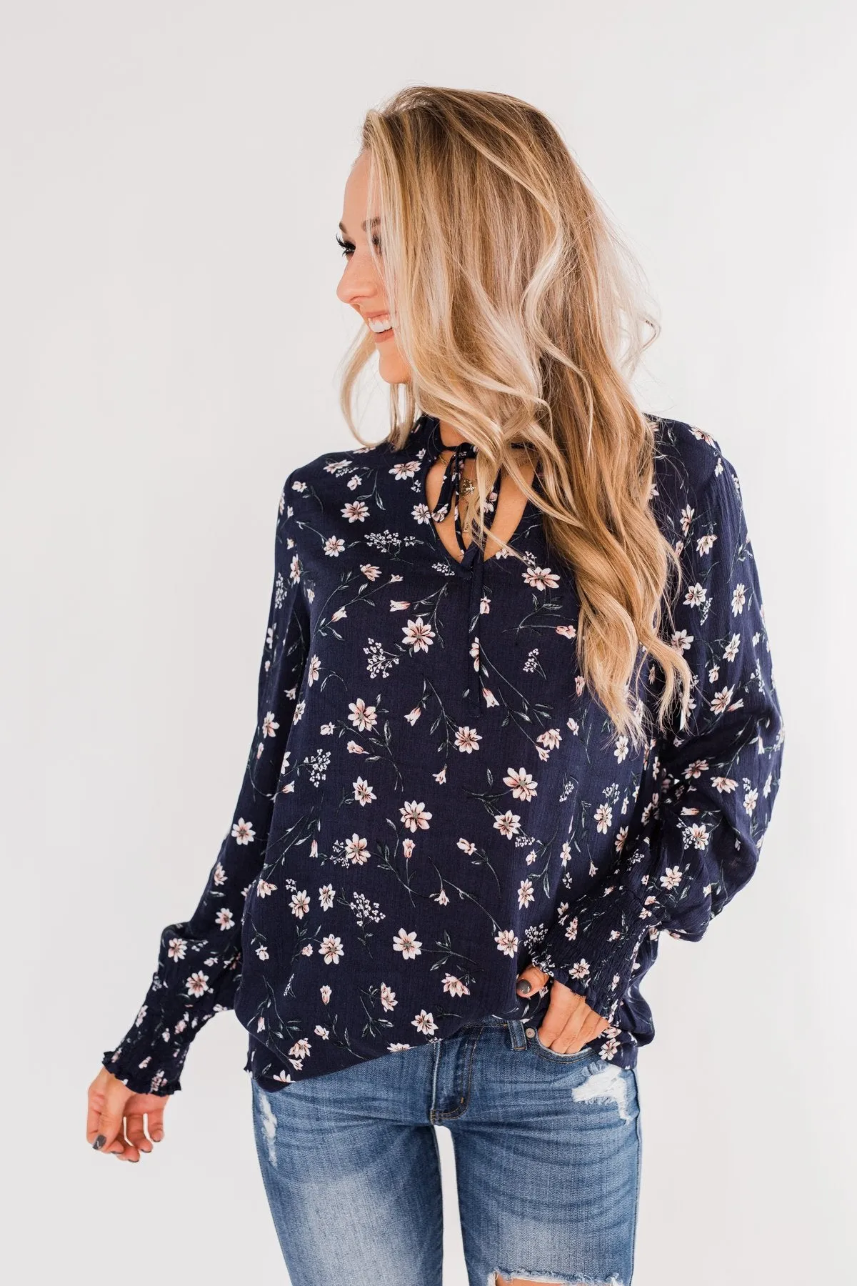 With All The Love For Me Floral Blouse- Navy
