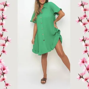 Women Ruffled Sleeve Shirt Dress - Green
