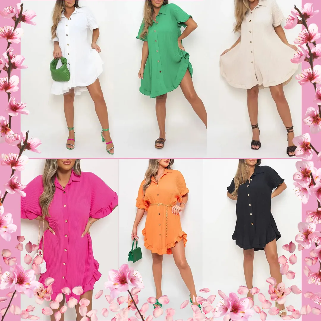 Women Ruffled Sleeve Shirt Dress - Orange