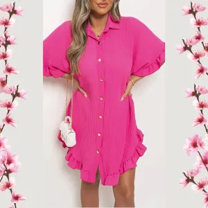 Women Ruffled Sleeve Shirt Dress - Rose Red