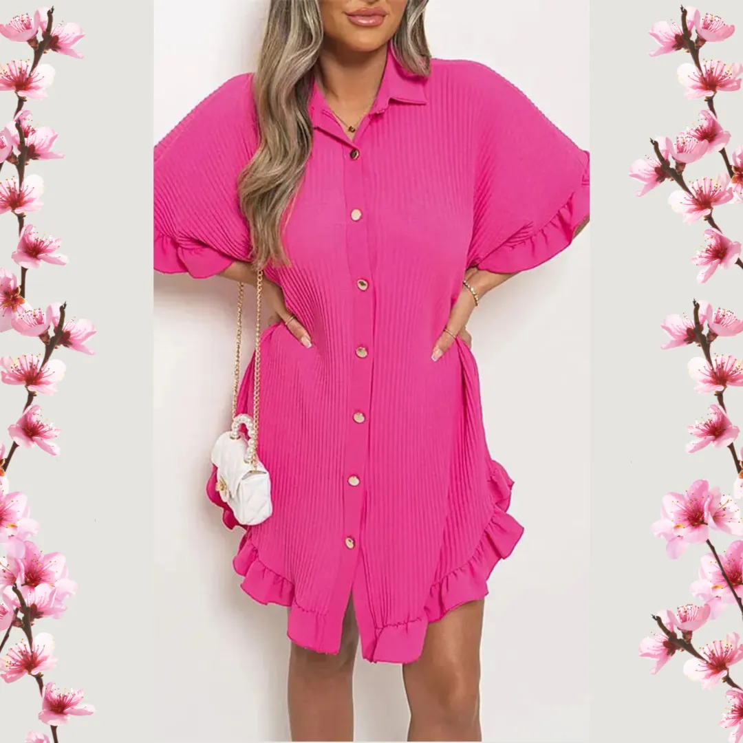 Women Ruffled Sleeve Shirt Dress - Rose Red