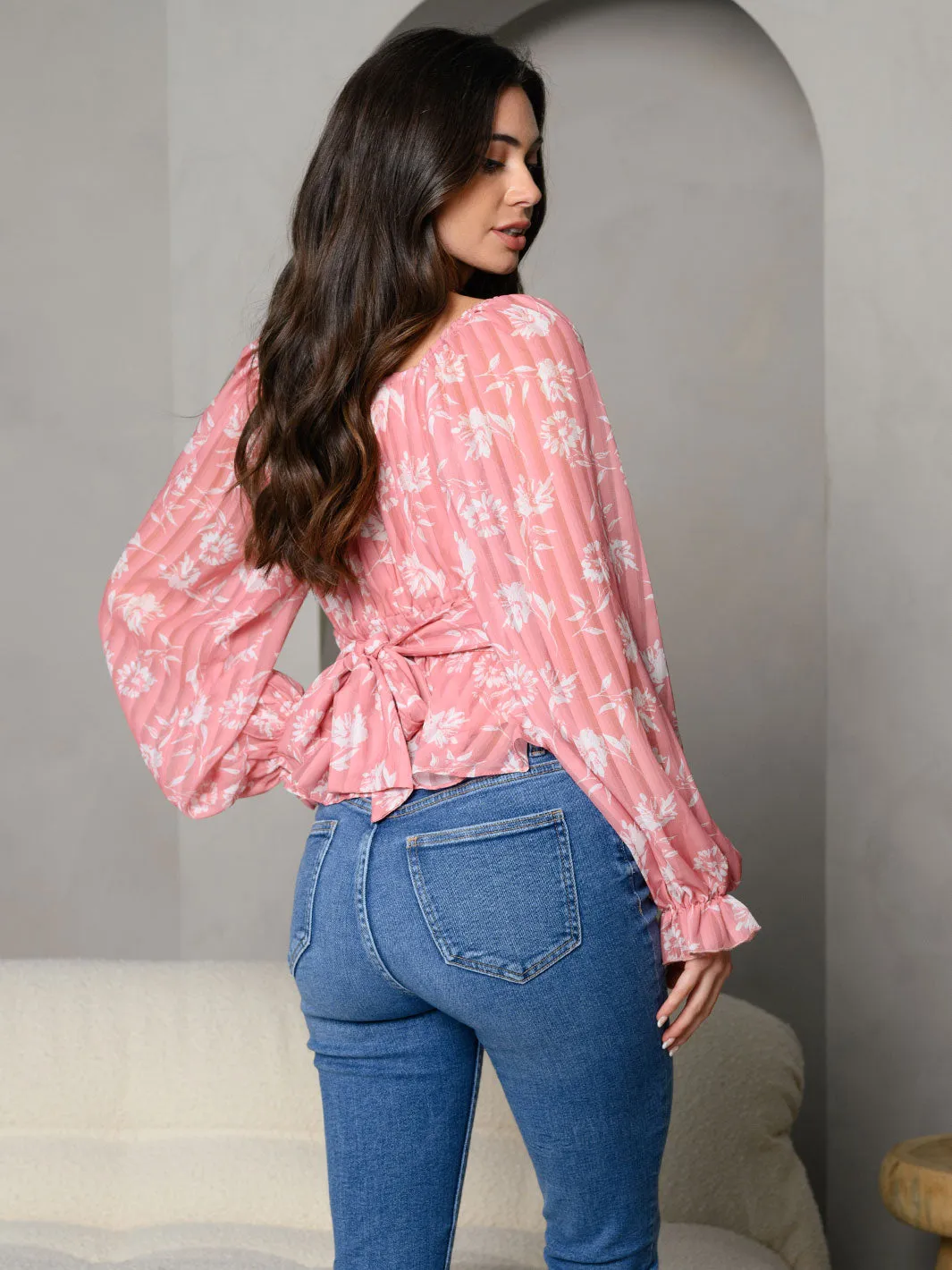 WOMEN'S BACK TIE FLORAL PEPLUM LONG SLEEVE TOP