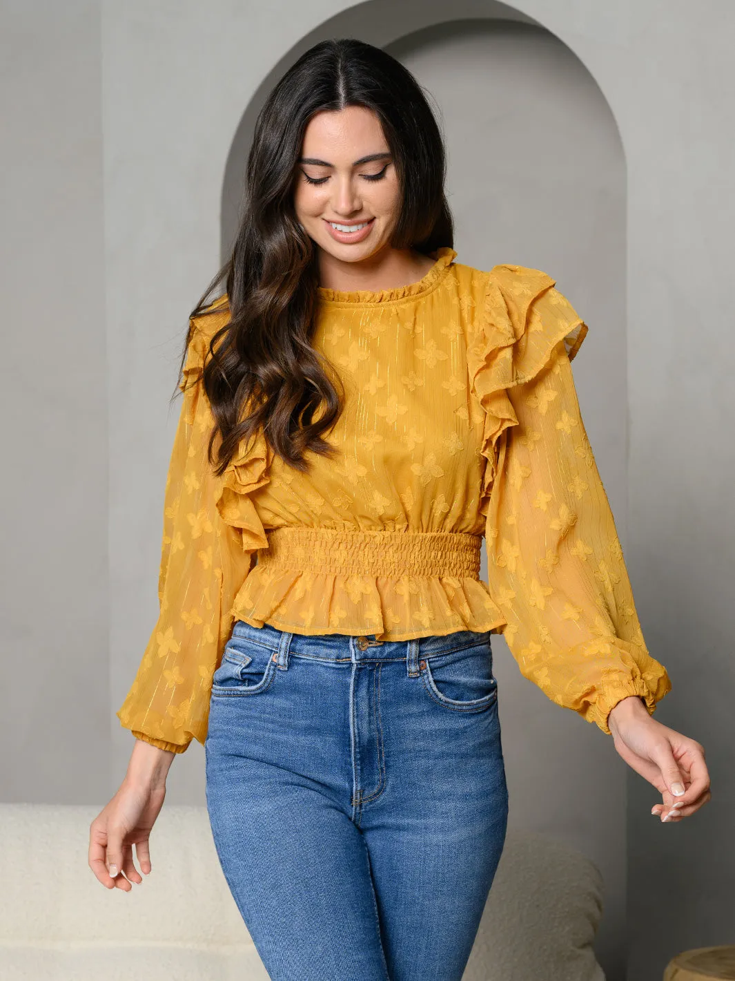 WOMEN'S FLORAL METALLIC PINSTRIPES RUFFLE SMOCKING LONG SLEEVE TOP
