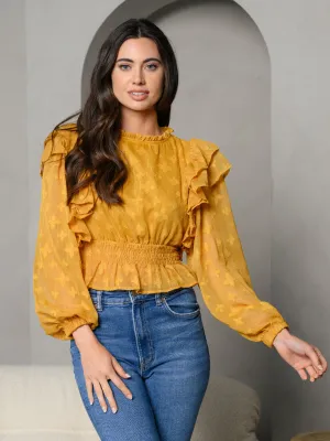 WOMEN'S FLORAL METALLIC PINSTRIPES RUFFLE SMOCKING LONG SLEEVE TOP