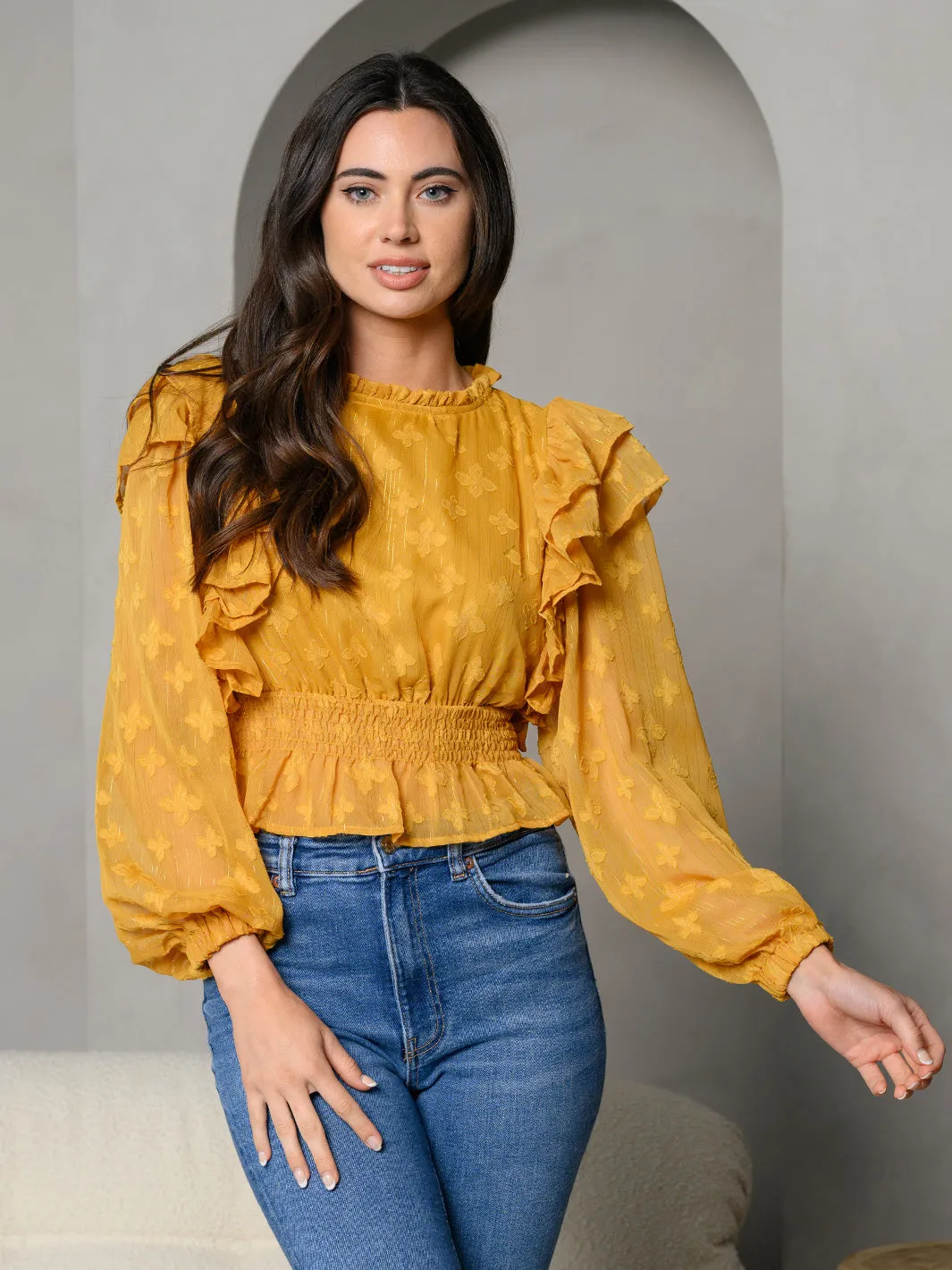 WOMEN'S FLORAL METALLIC PINSTRIPES RUFFLE SMOCKING LONG SLEEVE TOP