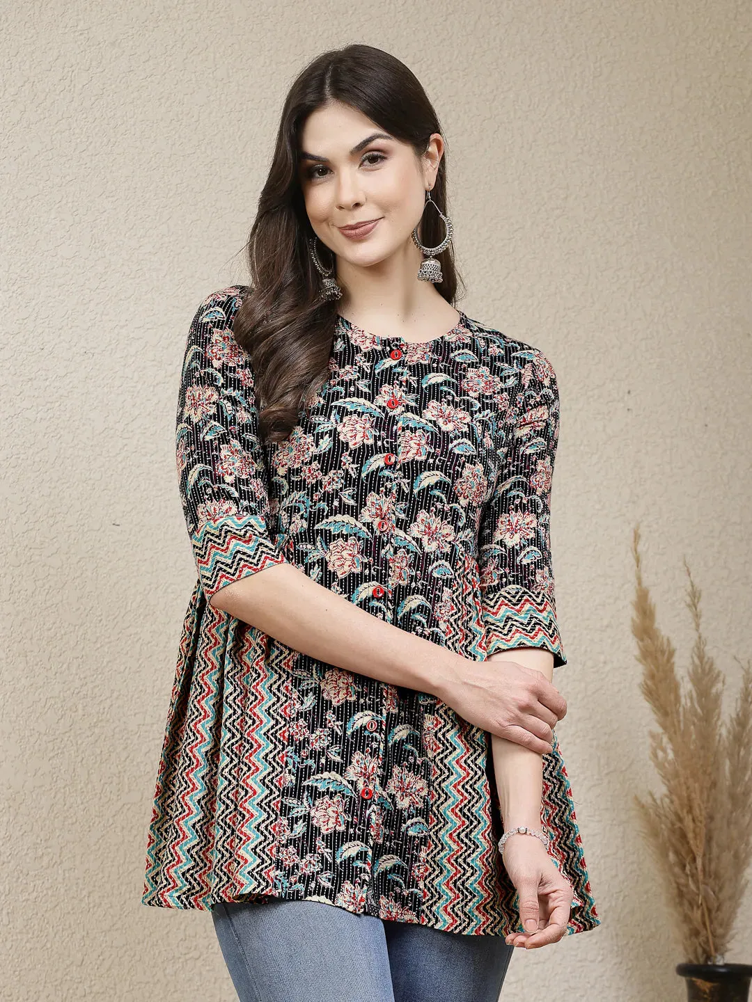 Women's Floral Printed Cotton Peplum Top-TOPBLACKCROW