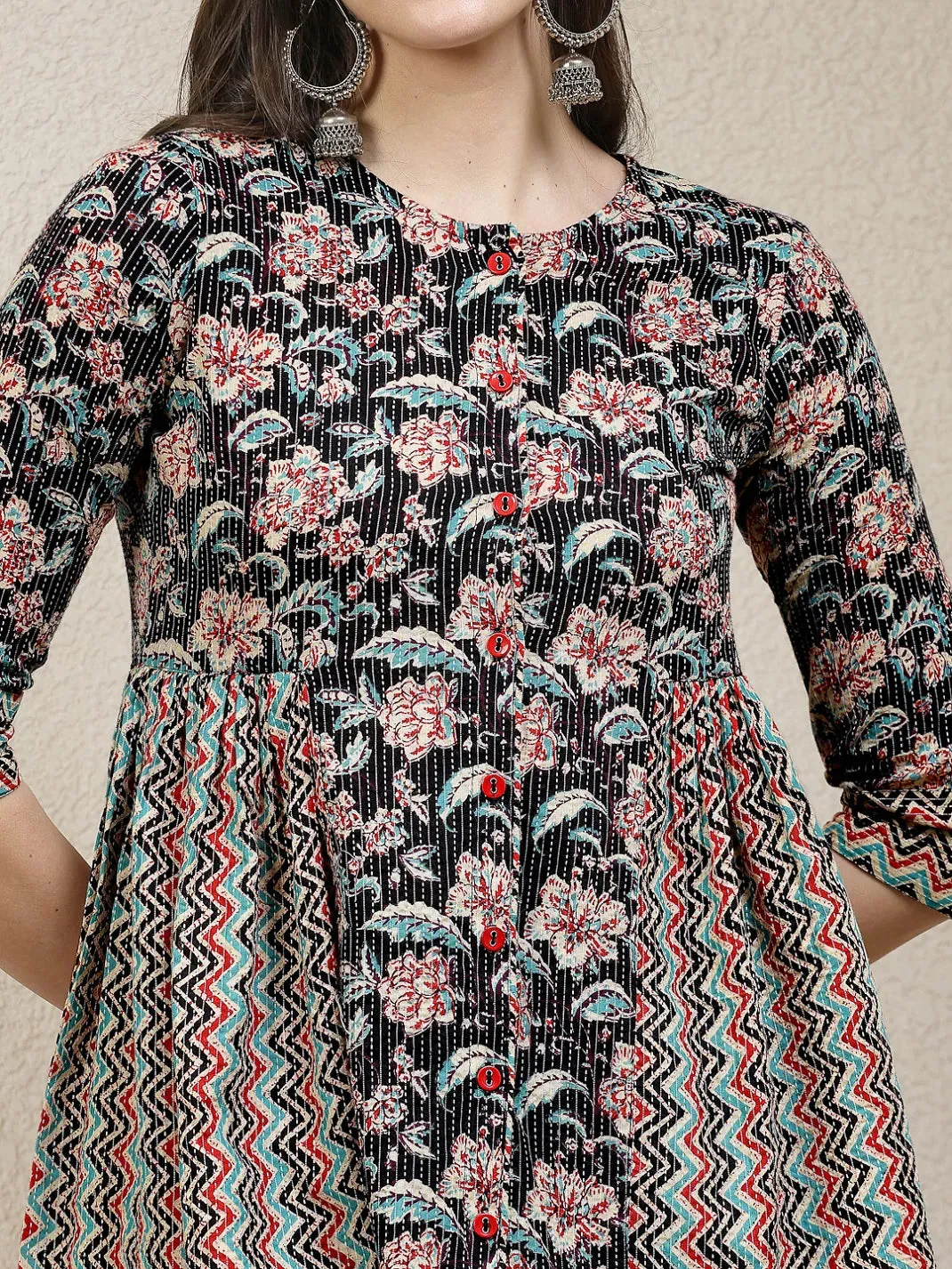 Women's Floral Printed Cotton Peplum Top-TOPBLACKCROW