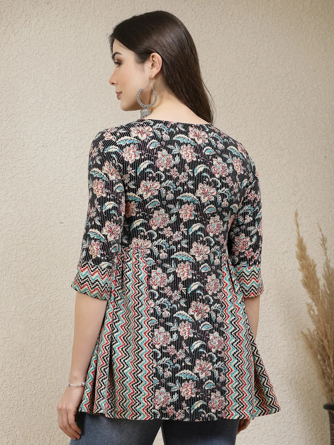 Women's Floral Printed Cotton Peplum Top-TOPBLACKCROW