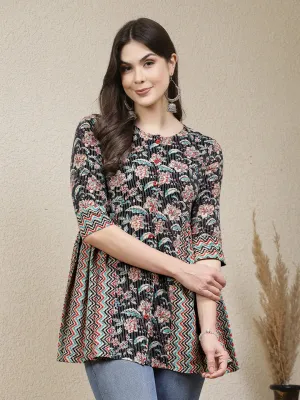 Women's Floral Printed Cotton Peplum Top-TOPBLACKCROW