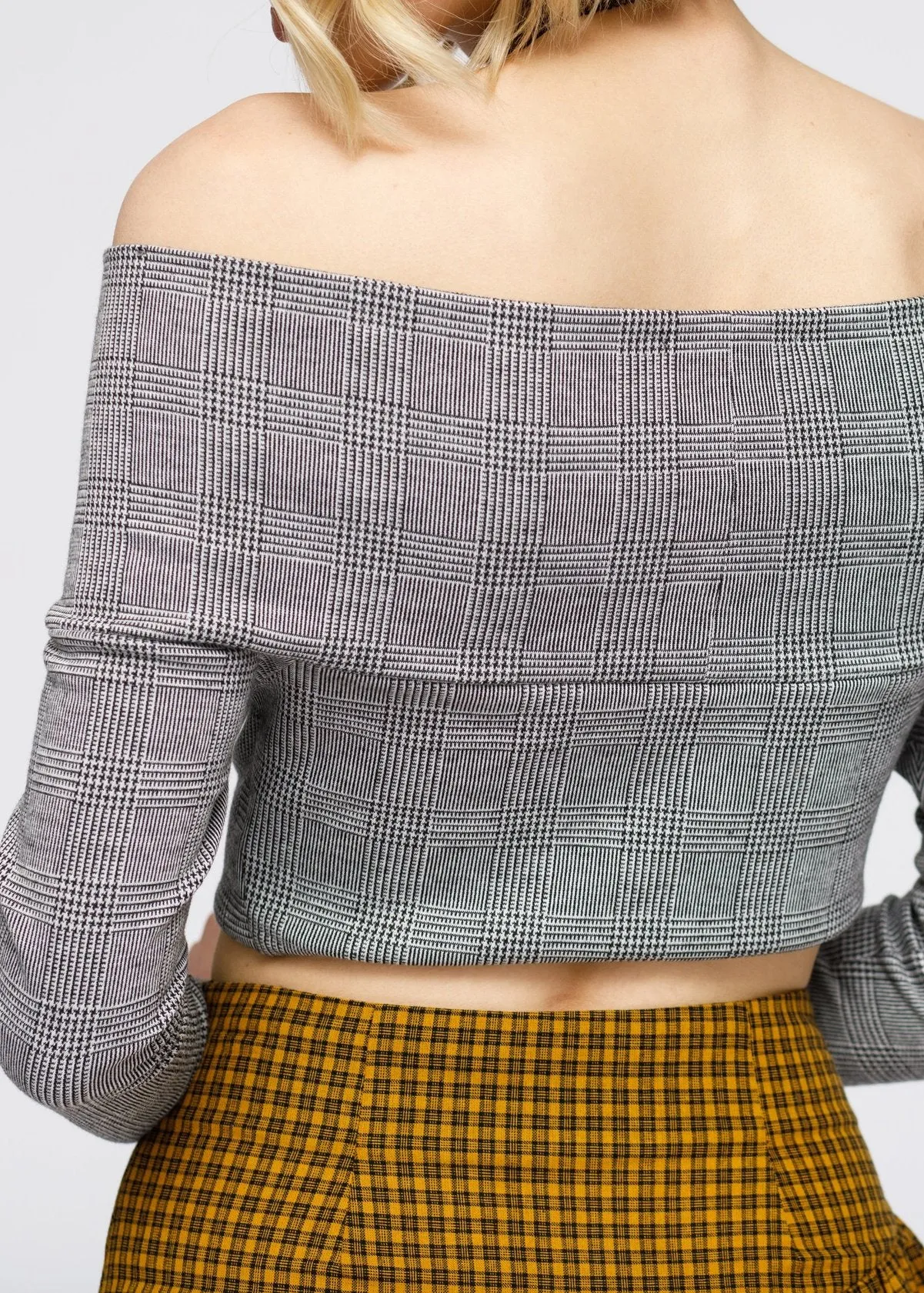 Women's Glen Plaid Off Shoulder Crisscross Crop Top In Grey