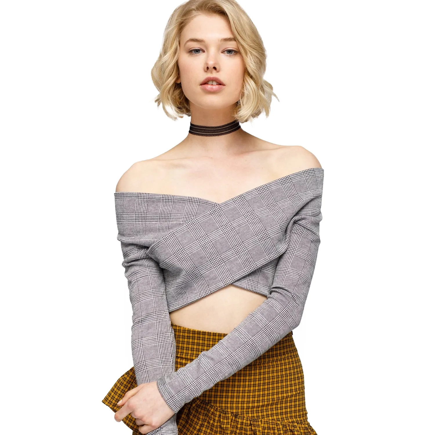 Women's Glen Plaid Off Shoulder Crisscross Crop Top In Grey