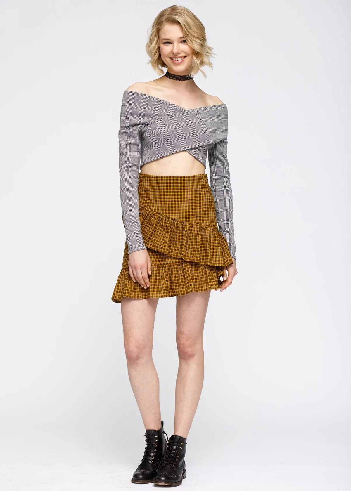 Women's Glen Plaid Off Shoulder Crisscross Crop Top In Grey