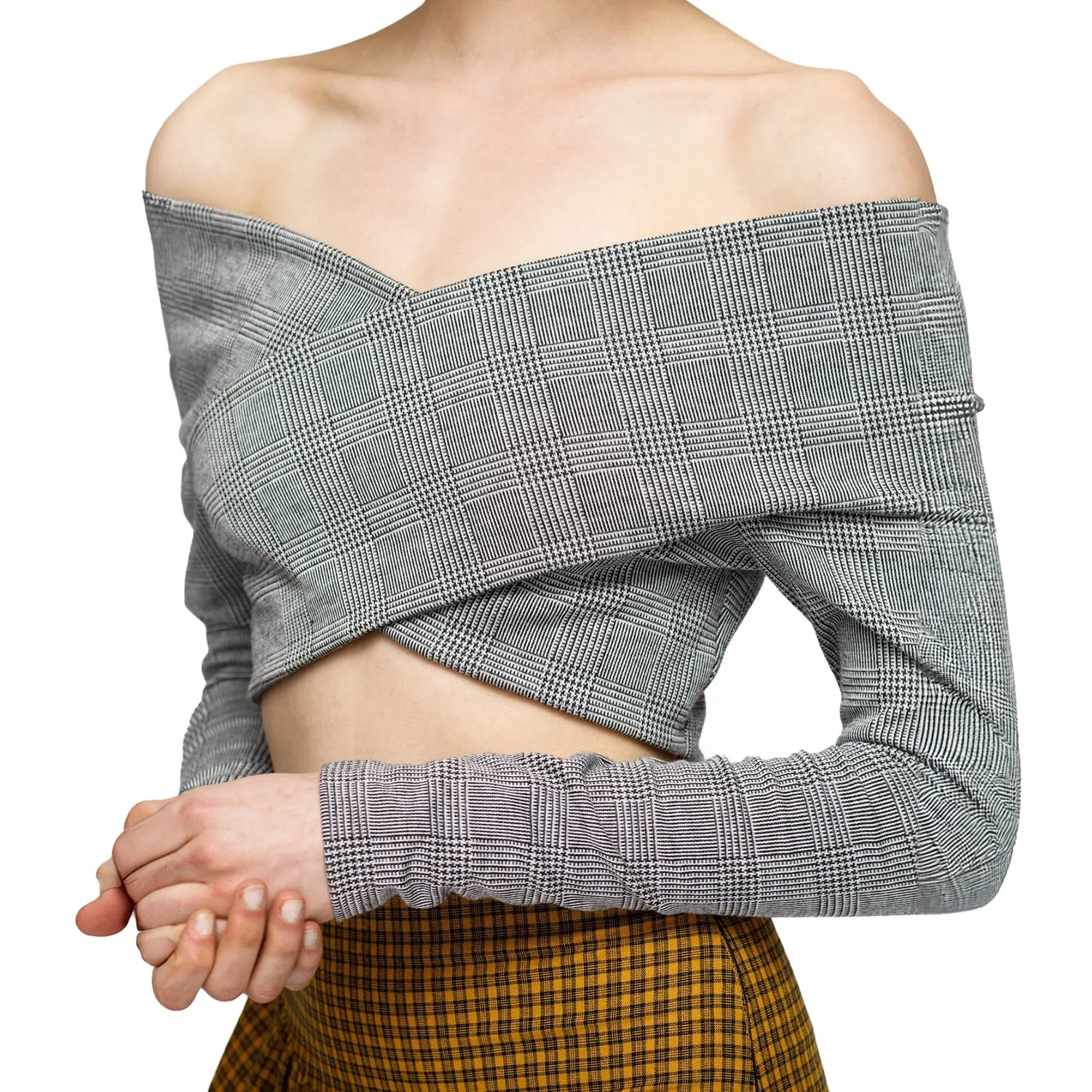 Women's Glen Plaid Off Shoulder Crisscross Crop Top In Grey