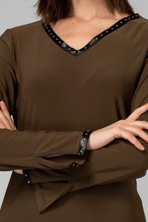 Women's Joseph Ribkoff | Leather Look Trim V-Neck Top | Safari