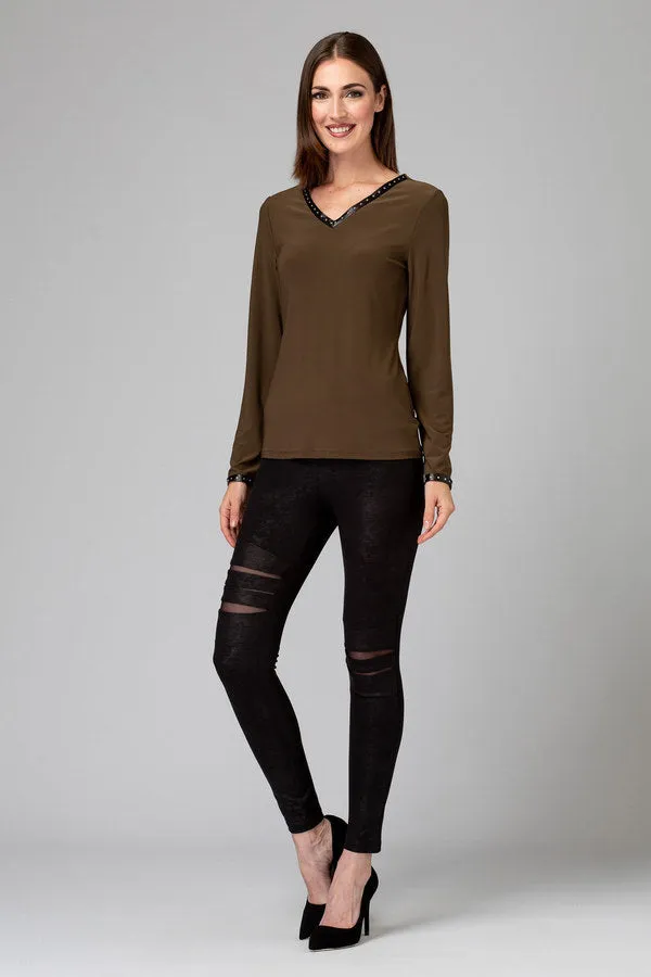 Women's Joseph Ribkoff | Leather Look Trim V-Neck Top | Safari