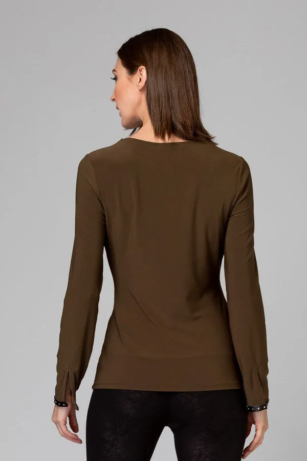 Women's Joseph Ribkoff | Leather Look Trim V-Neck Top | Safari