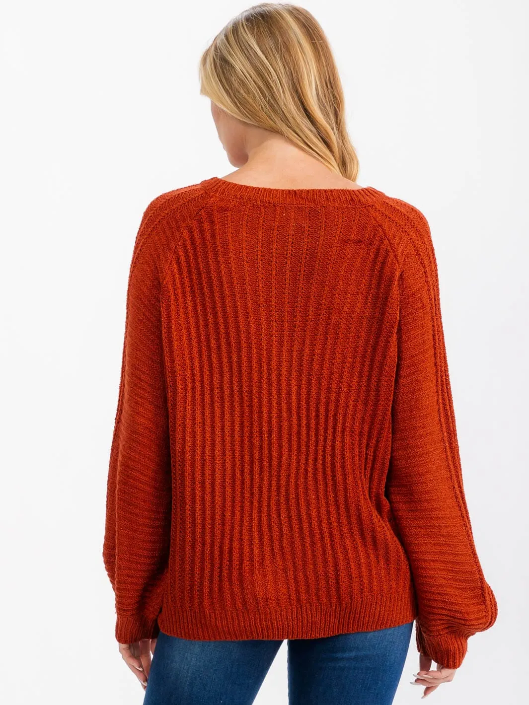 WOMEN'S LONG BALLOON SLEEVE PULLOVER KNIT SWEATER