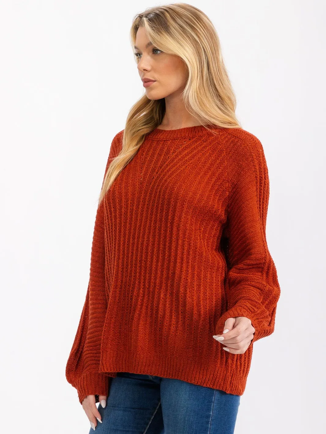 WOMEN'S LONG BALLOON SLEEVE PULLOVER KNIT SWEATER