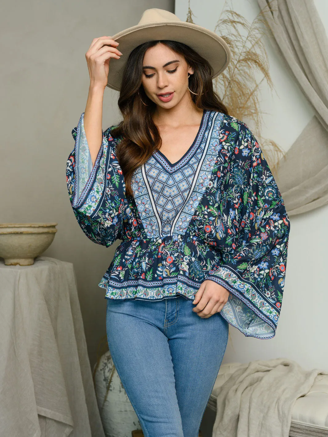 WOMEN'S LONG BELL SLEEVE FLORAL TOP